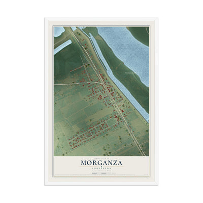 Map of Morganza, Louisiana, 12 x 18 inch print in a white wood frame