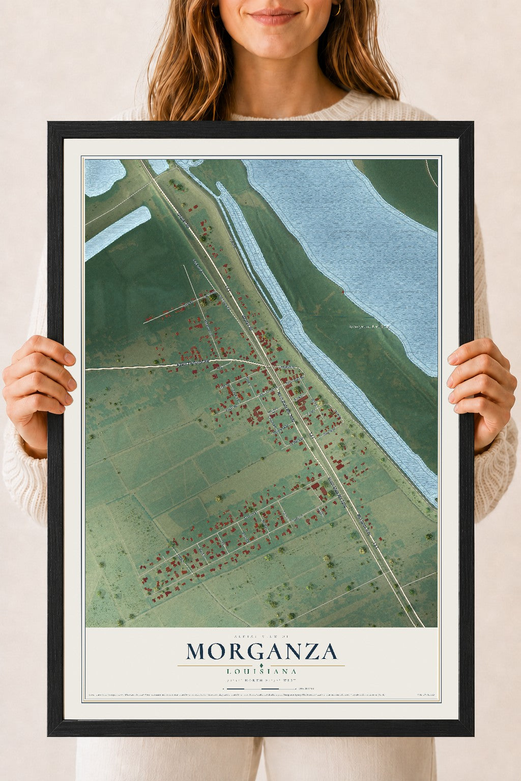 Map of Morganza, Louisiana, 18 x 24 inch print in a black wood frame