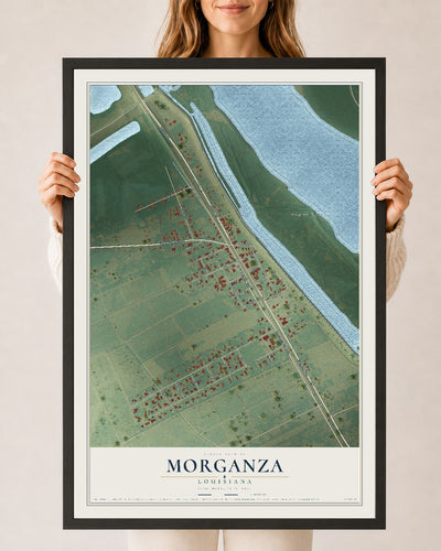 Map of Morganza, Louisiana, 24 x 36 inch print in a black wood frame
