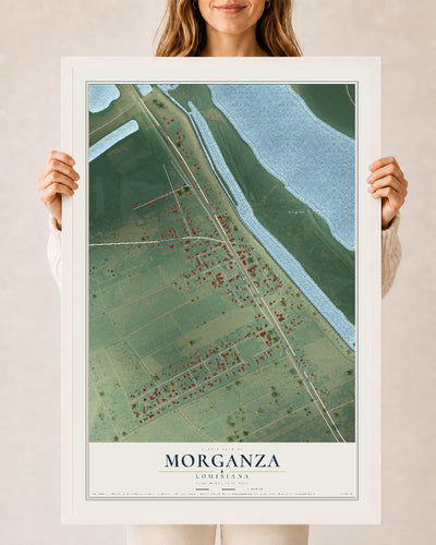 Map of Morganza, Louisiana, 24 x 36 inch print in a white wood frame