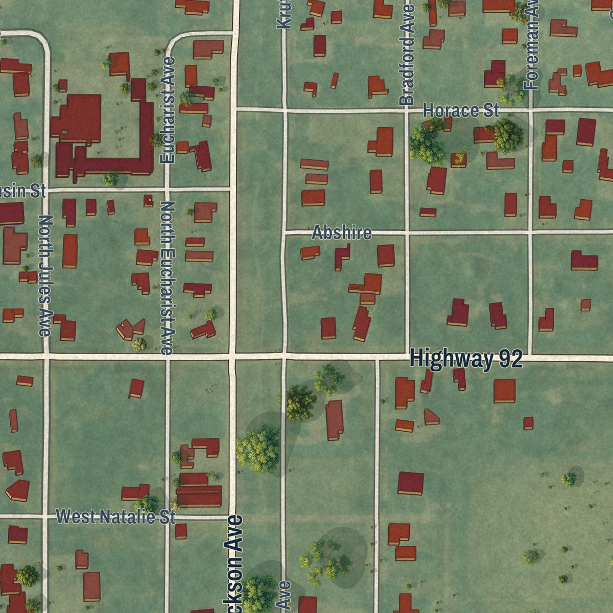 Close-up of the map of Morse, Louisiana print showing street and building detail