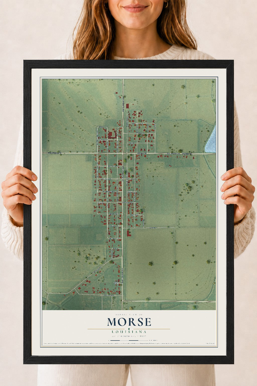 Map of Morse, Louisiana, 18 x 24 inch print in a black wood frame