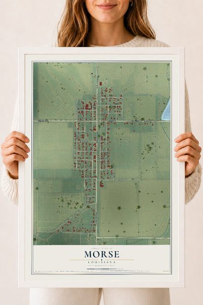 Map of Morse, Louisiana, 18 x 24 inch print in a white wood frame