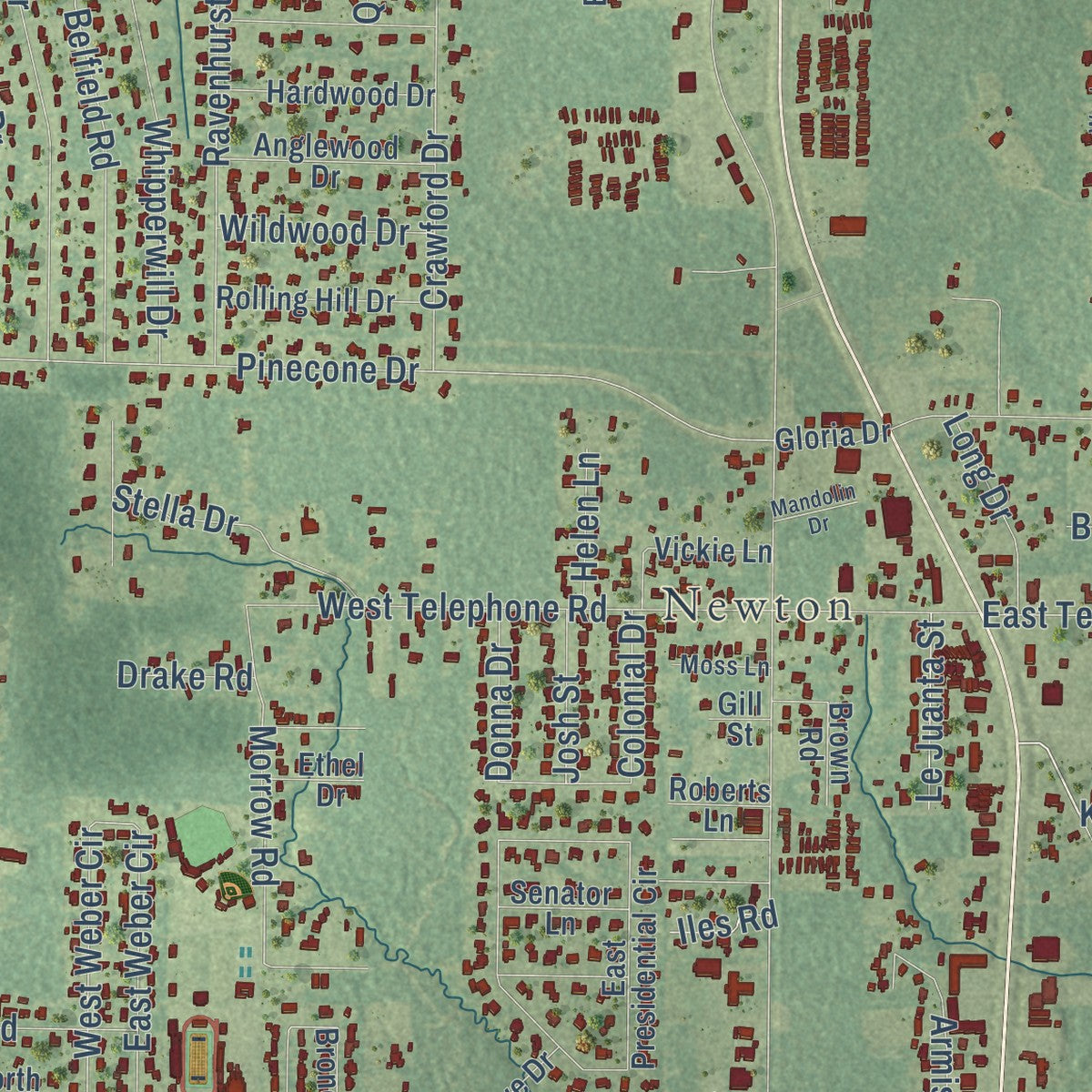 Second close-up of the map of Moss Bluff, Louisiana print showing more streets and buildings