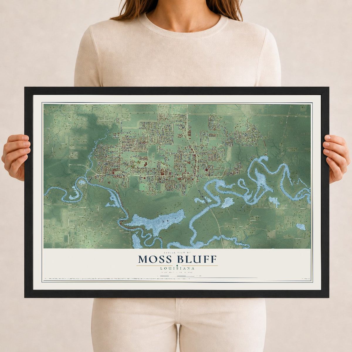 Map of Moss Bluff, Louisiana, 12 x 18 inch print in a black wood frame