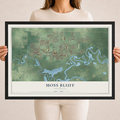Map of Moss Bluff, Louisiana, 18 x 24 inch print in a black wood frame