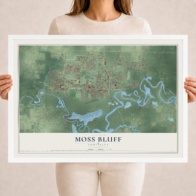 Map of Moss Bluff, Louisiana, 18 x 24 inch print in a white wood frame