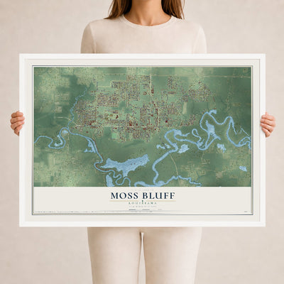 Map of Moss Bluff, Louisiana, 24 x 36 inch print in a white wood frame