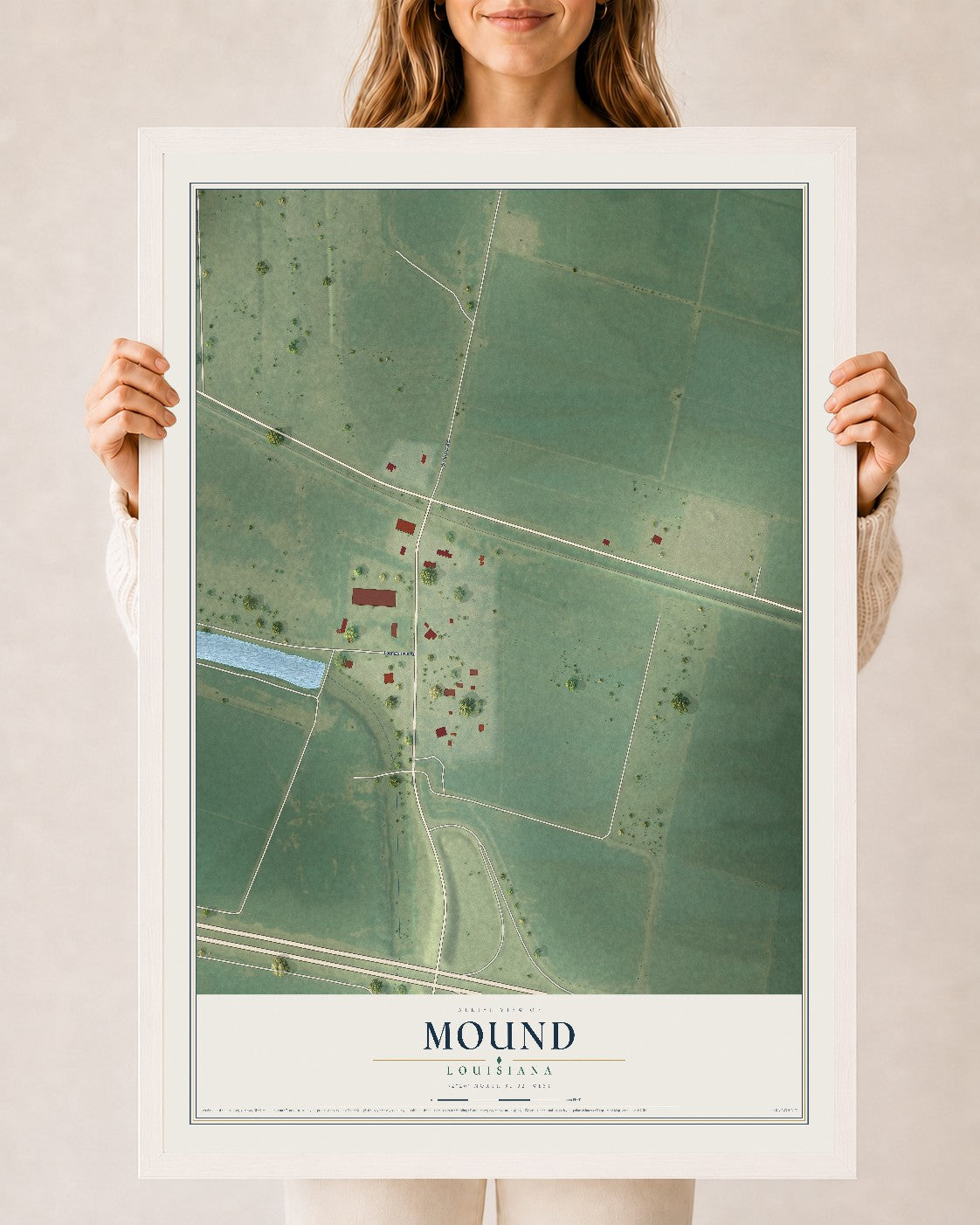 Map of Mound, Louisiana, 24 x 36 inch print in a white wood frame