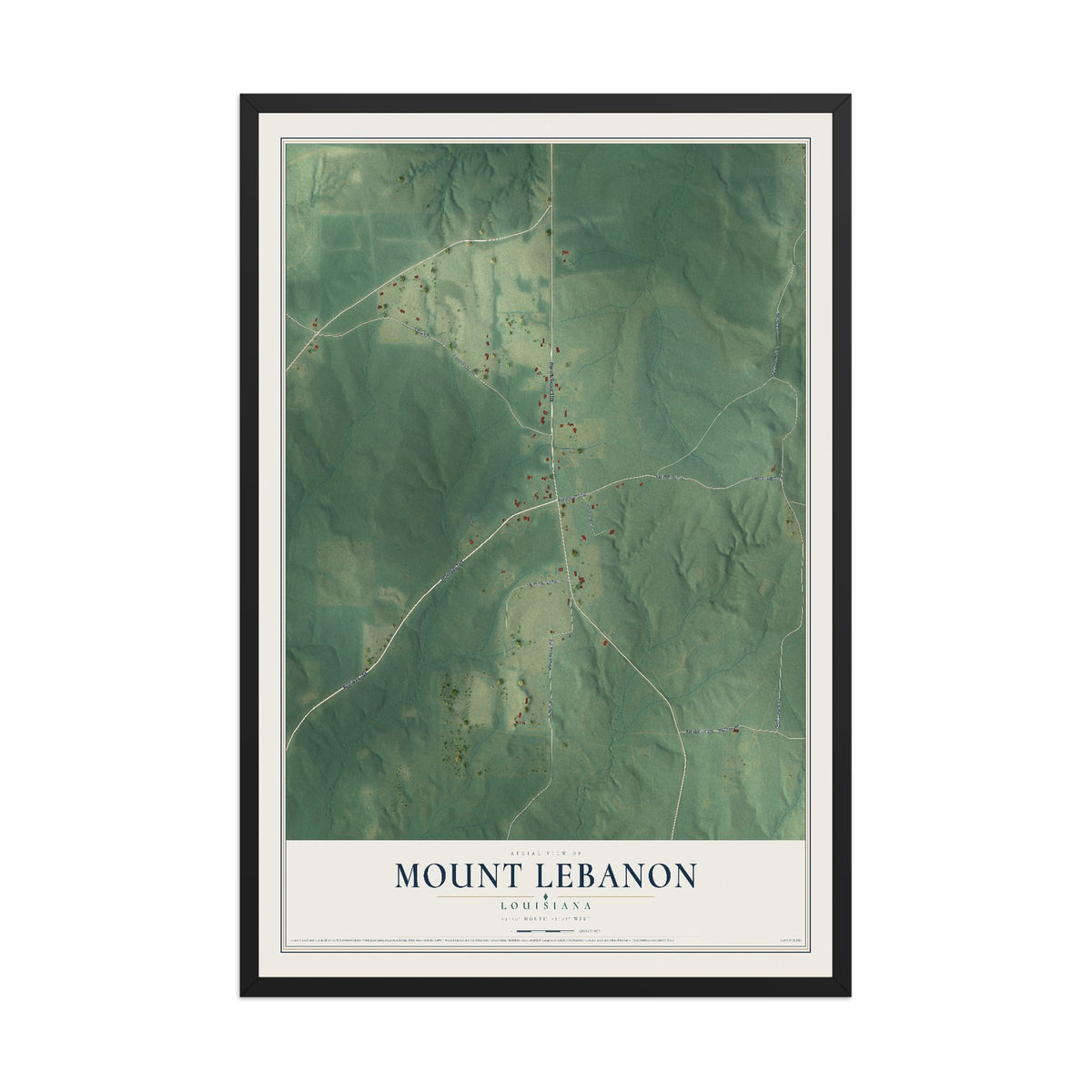 Map of Mount Lebanon, Louisiana, 12 x 18 inch print in a black wood frame