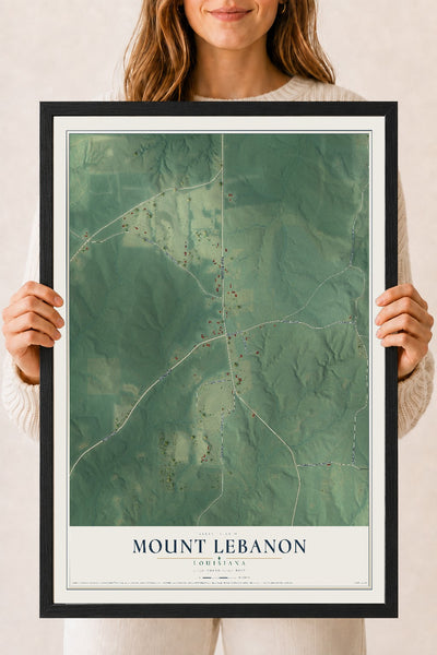 Map of Mount Lebanon, Louisiana, 18 x 24 inch print in a black wood frame