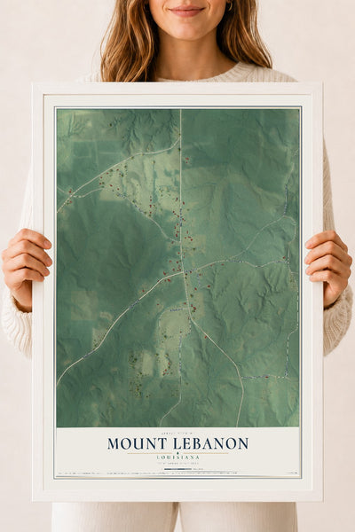 Map of Mount Lebanon, Louisiana, 18 x 24 inch print in a white wood frame
