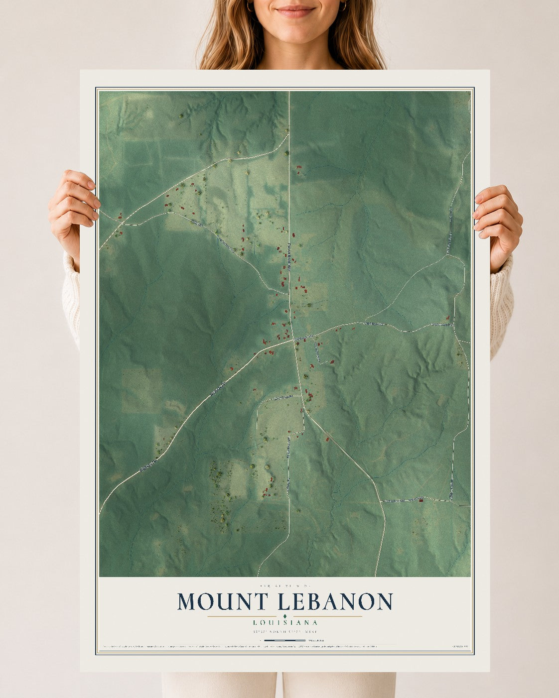 Map of Mount Lebanon, Louisiana, 24 x 36 inch unframed archival matte print