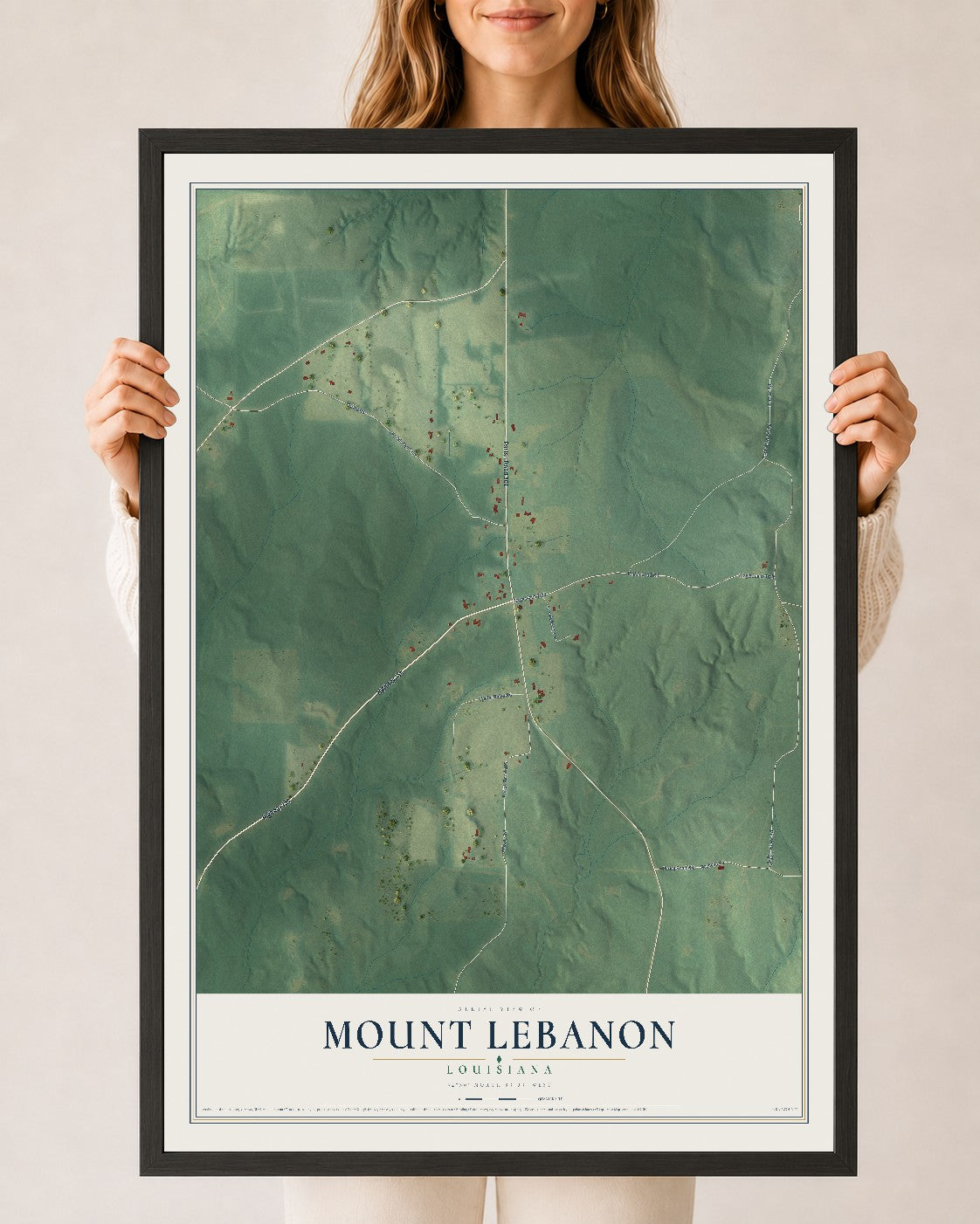 Map of Mount Lebanon, Louisiana, 24 x 36 inch print in a black wood frame