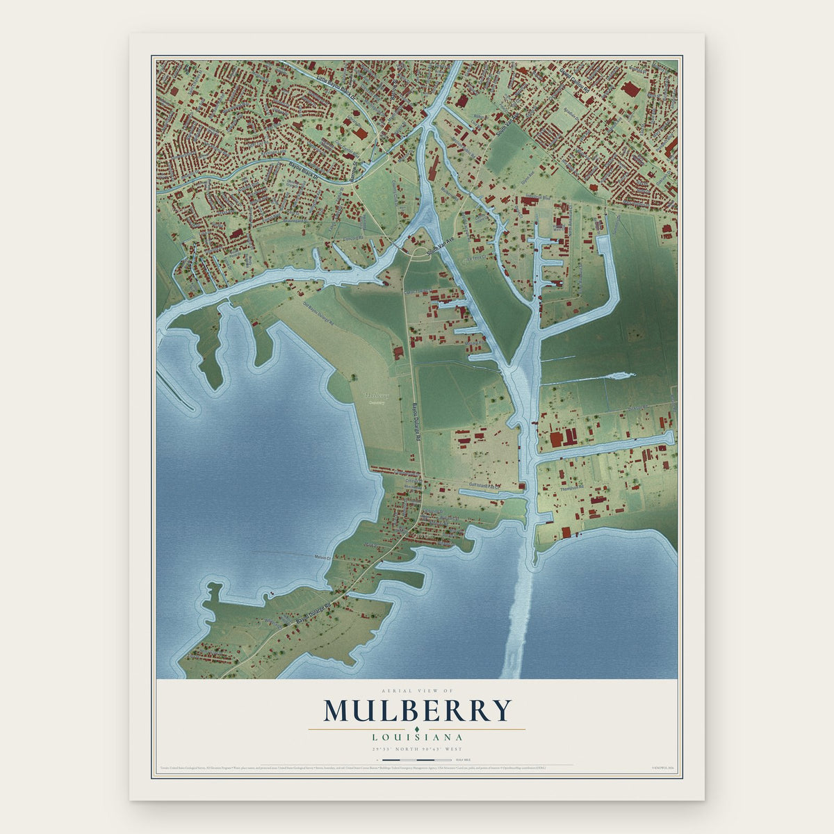 Mulberry, Louisiana map print, the full design