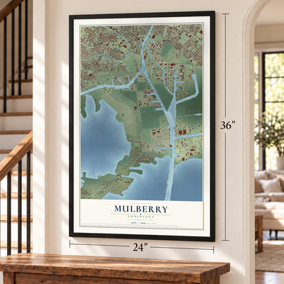 Mulberry, Louisiana map, 24 x 36 inch print in a black frame by a staircase