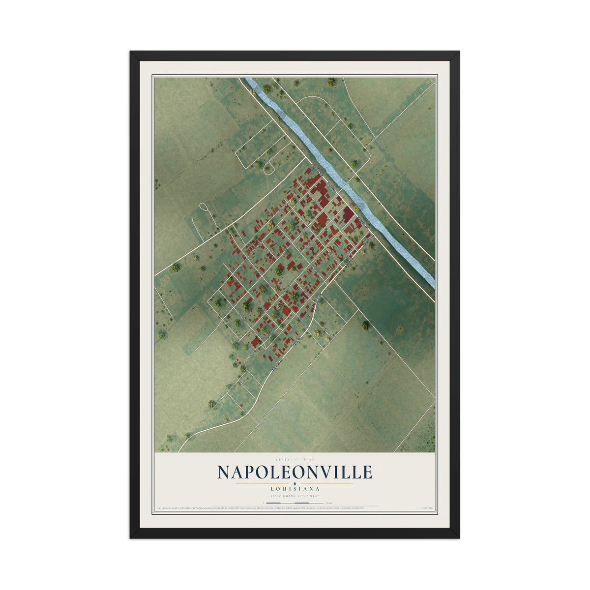 Map of Napoleonville, Louisiana, 12 x 18 inch print in a black wood frame
