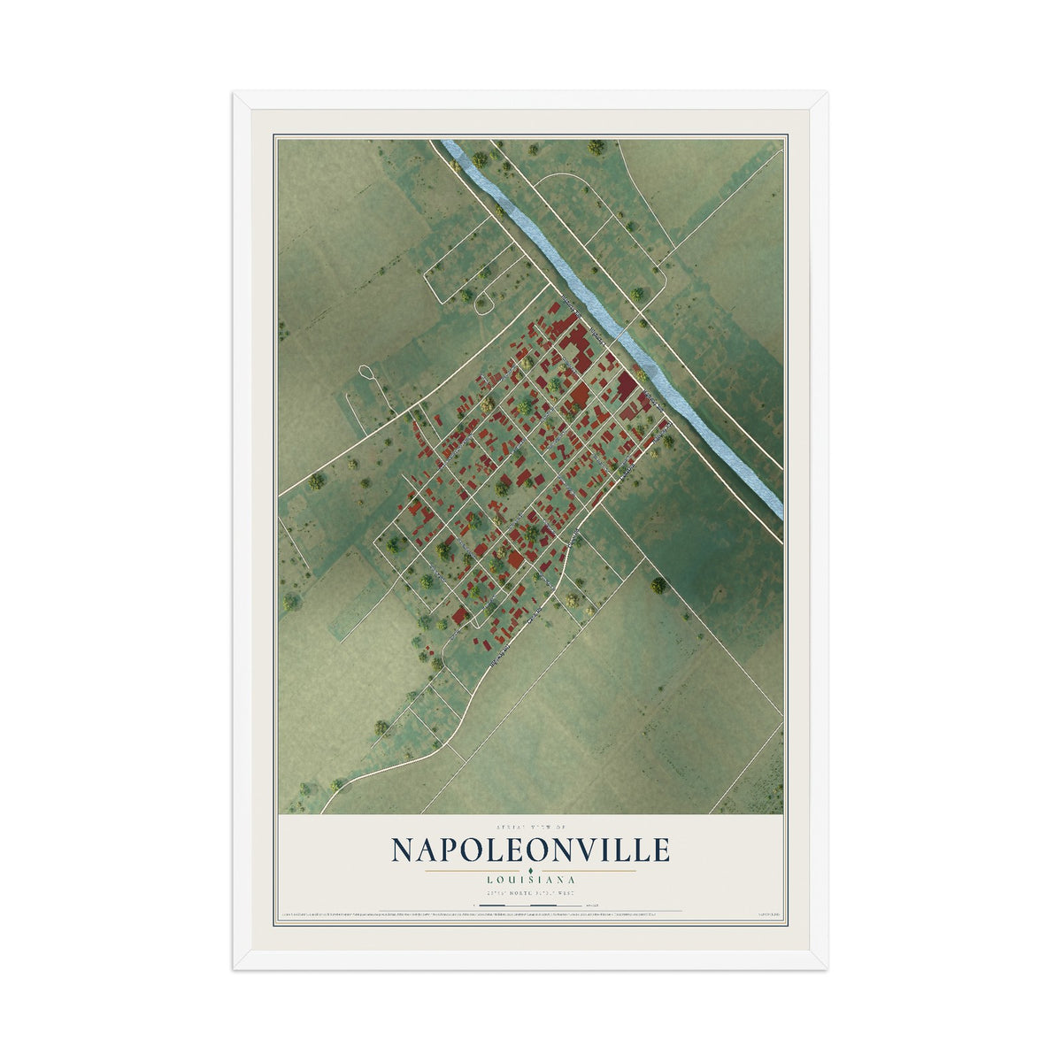 Map of Napoleonville, Louisiana, 12 x 18 inch print in a white wood frame