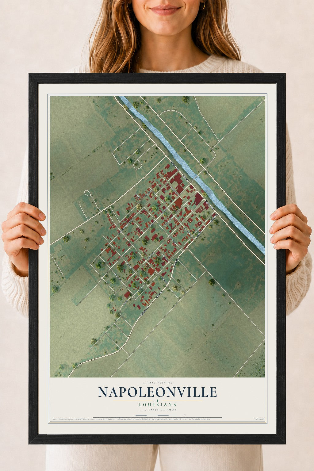 Map of Napoleonville, Louisiana, 18 x 24 inch print in a black wood frame