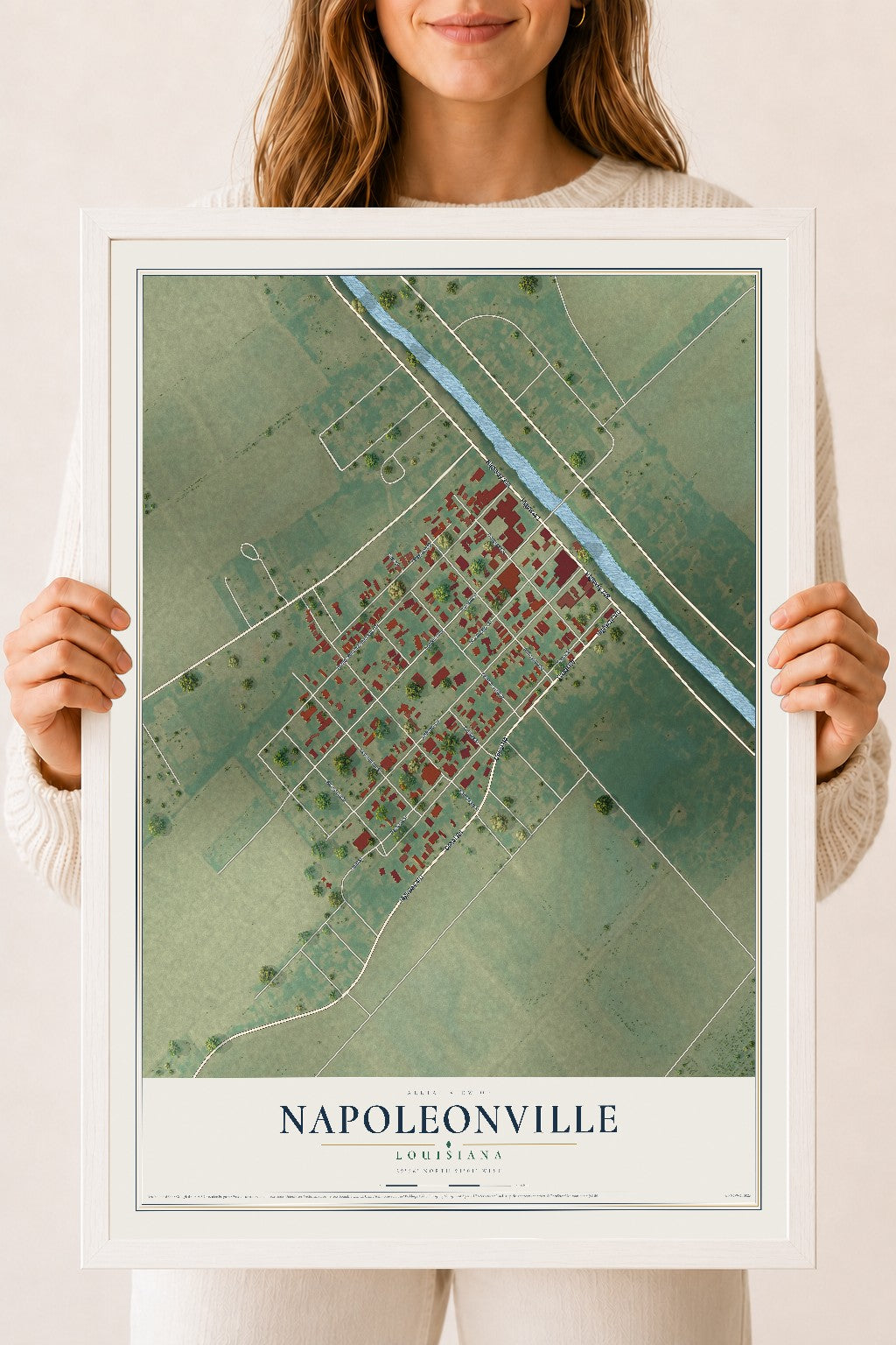 Map of Napoleonville, Louisiana, 18 x 24 inch print in a white wood frame