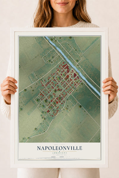 Map of Napoleonville, Louisiana, 18 x 24 inch print in a white wood frame