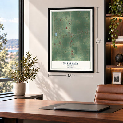 Natalbany, Louisiana map, 18 x 24 inch print in a black frame in a home office