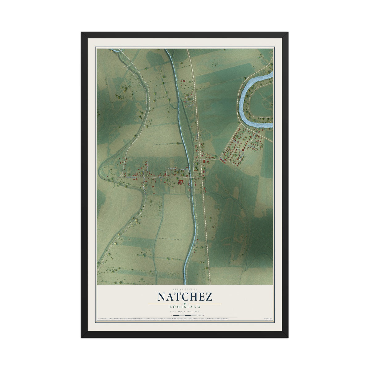 Map of Natchez, Louisiana, 12 x 18 inch print in a black wood frame