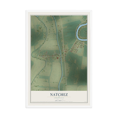 Map of Natchez, Louisiana, 12 x 18 inch print in a white wood frame