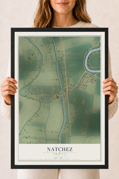 Map of Natchez, Louisiana, 18 x 24 inch print in a black wood frame