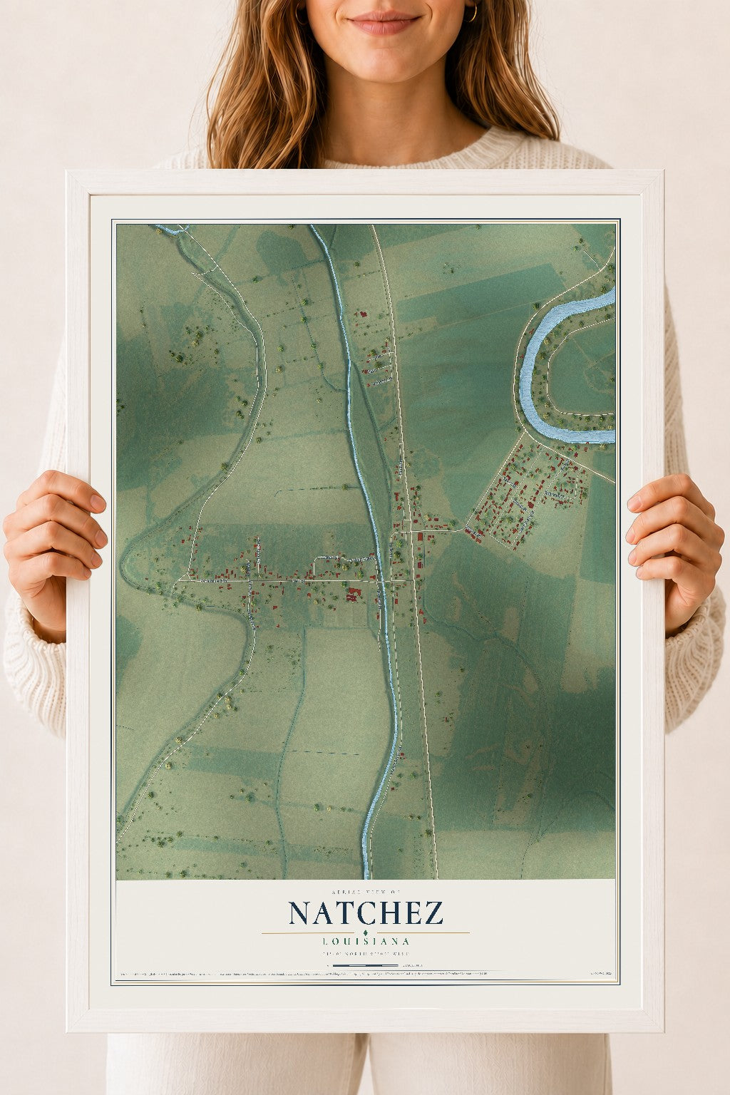 Map of Natchez, Louisiana, 18 x 24 inch print in a white wood frame