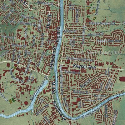 Close-up of the map of Natchitoches, Louisiana print showing street and building detail