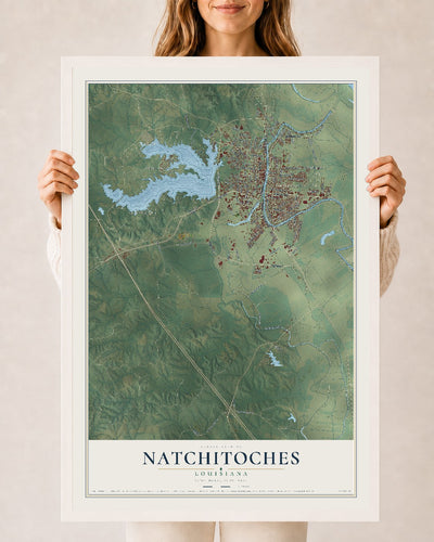 Map of Natchitoches, Louisiana, 24 x 36 inch print in a white wood frame