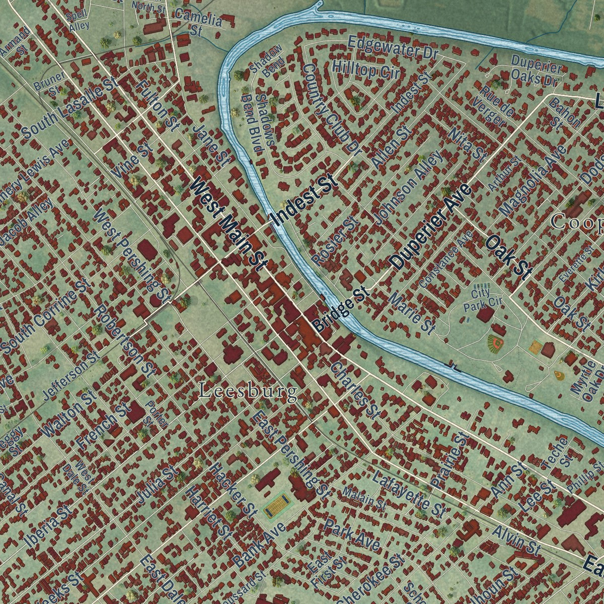 Close-up of the map of New Iberia, Louisiana print showing street and building detail