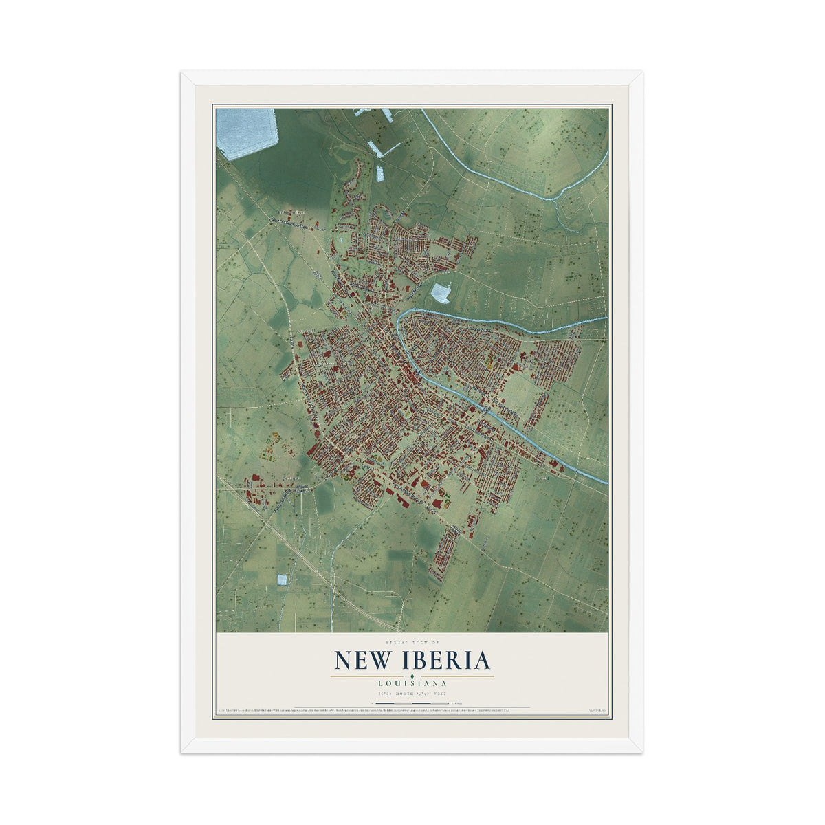 Map of New Iberia, Louisiana, 12 x 18 inch print in a white wood frame