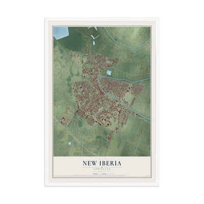 Map of New Iberia, Louisiana, 12 x 18 inch print in a white wood frame