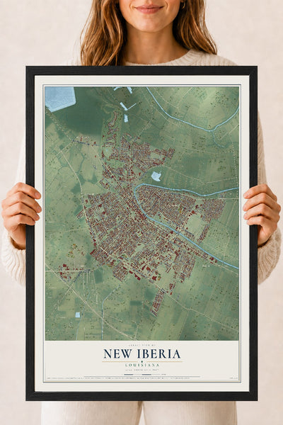 Map of New Iberia, Louisiana, 18 x 24 inch print in a black wood frame