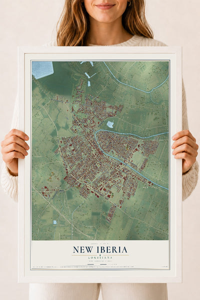 Map of New Iberia, Louisiana, 18 x 24 inch print in a white wood frame