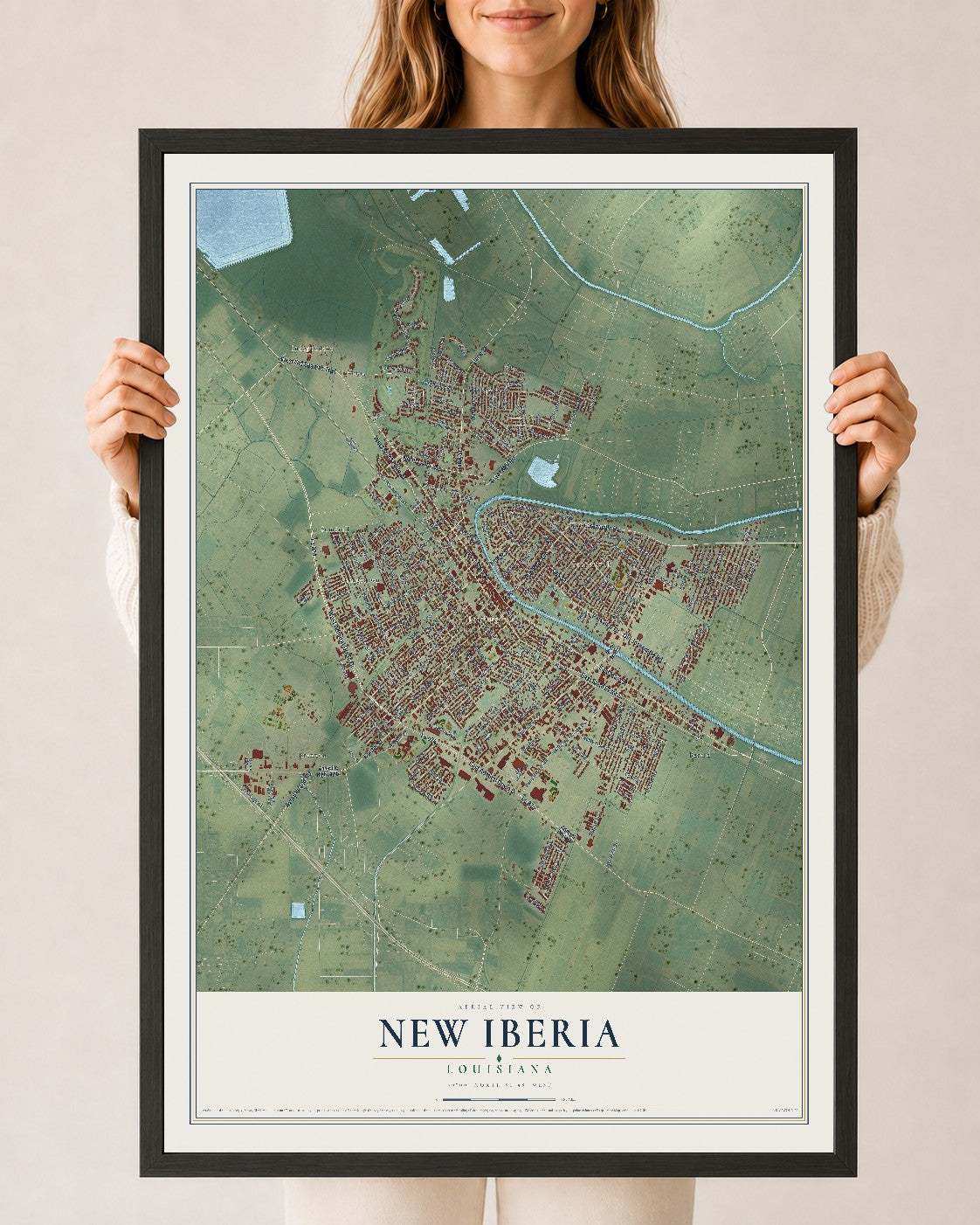 Map of New Iberia, Louisiana, 24 x 36 inch print in a black wood frame