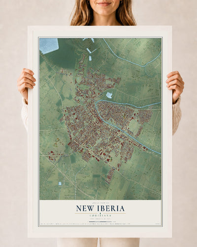 Map of New Iberia, Louisiana, 24 x 36 inch print in a white wood frame