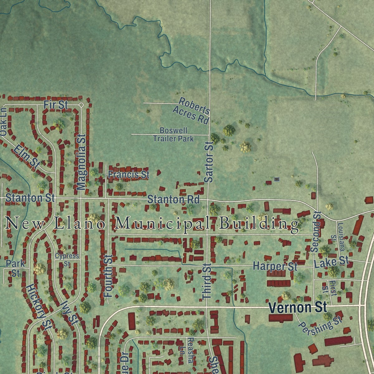 Close-up of the map of New Llano, Louisiana print showing street and building detail