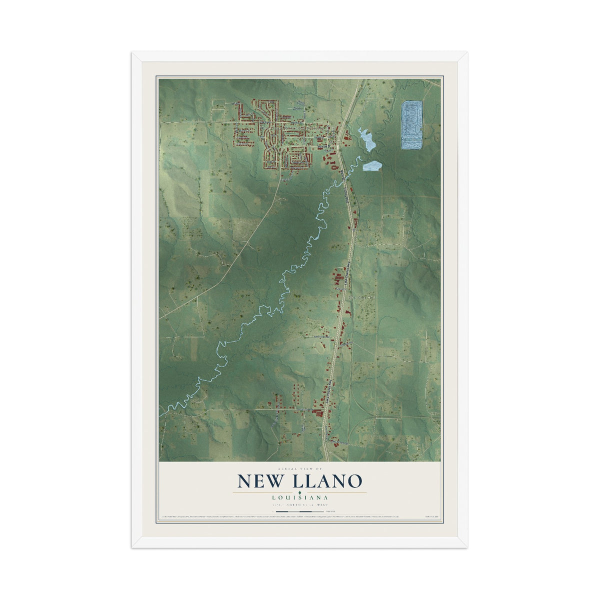 Map of New Llano, Louisiana, 12 x 18 inch print in a white wood frame