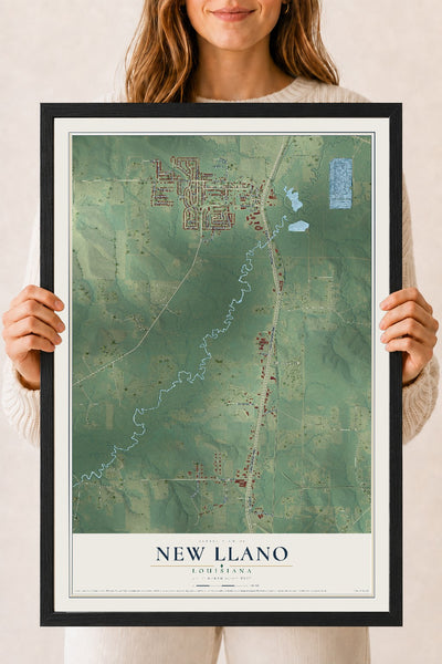 Map of New Llano, Louisiana, 18 x 24 inch print in a black wood frame
