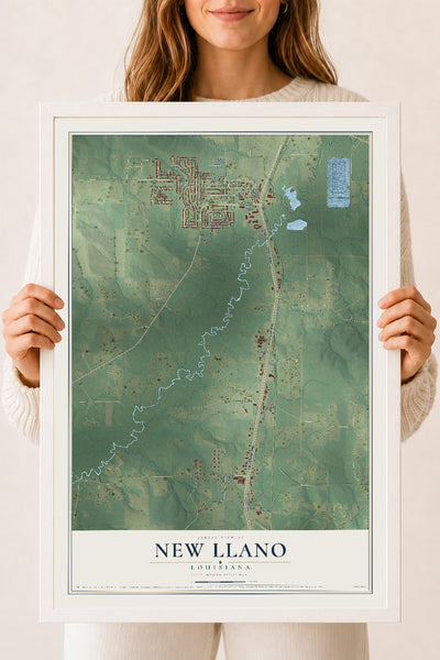 Map of New Llano, Louisiana, 18 x 24 inch print in a white wood frame