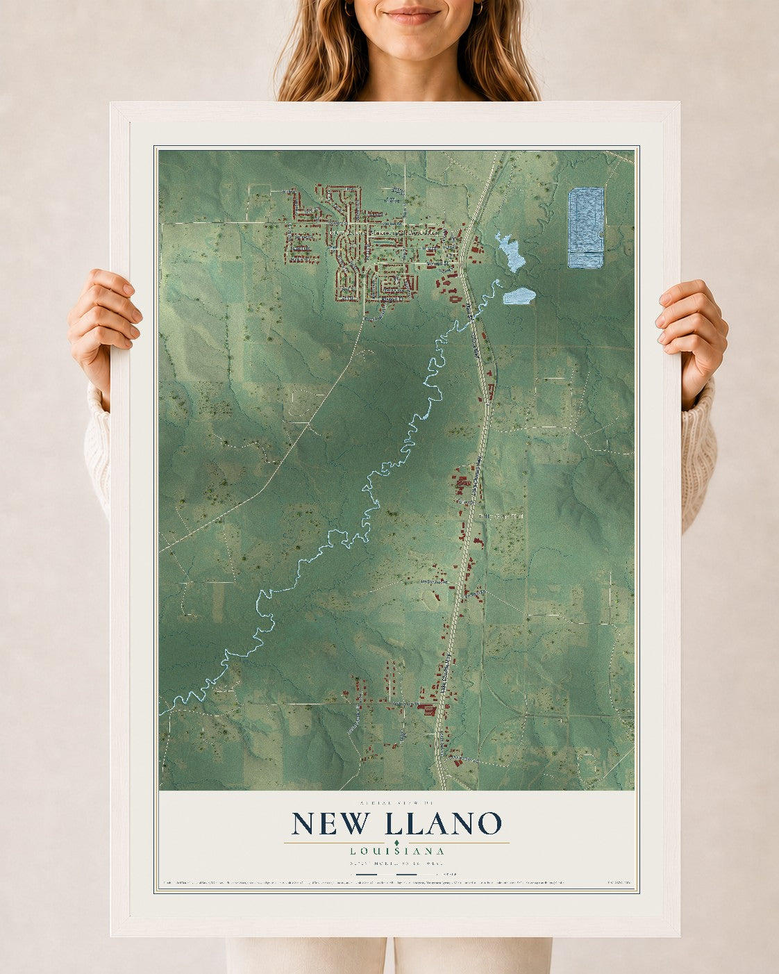 Map of New Llano, Louisiana, 24 x 36 inch print in a white wood frame