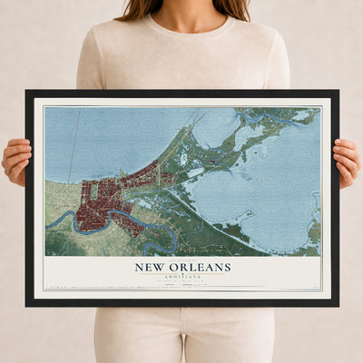 Map of New Orleans, Louisiana, 12 x 18 inch print in a black wood frame