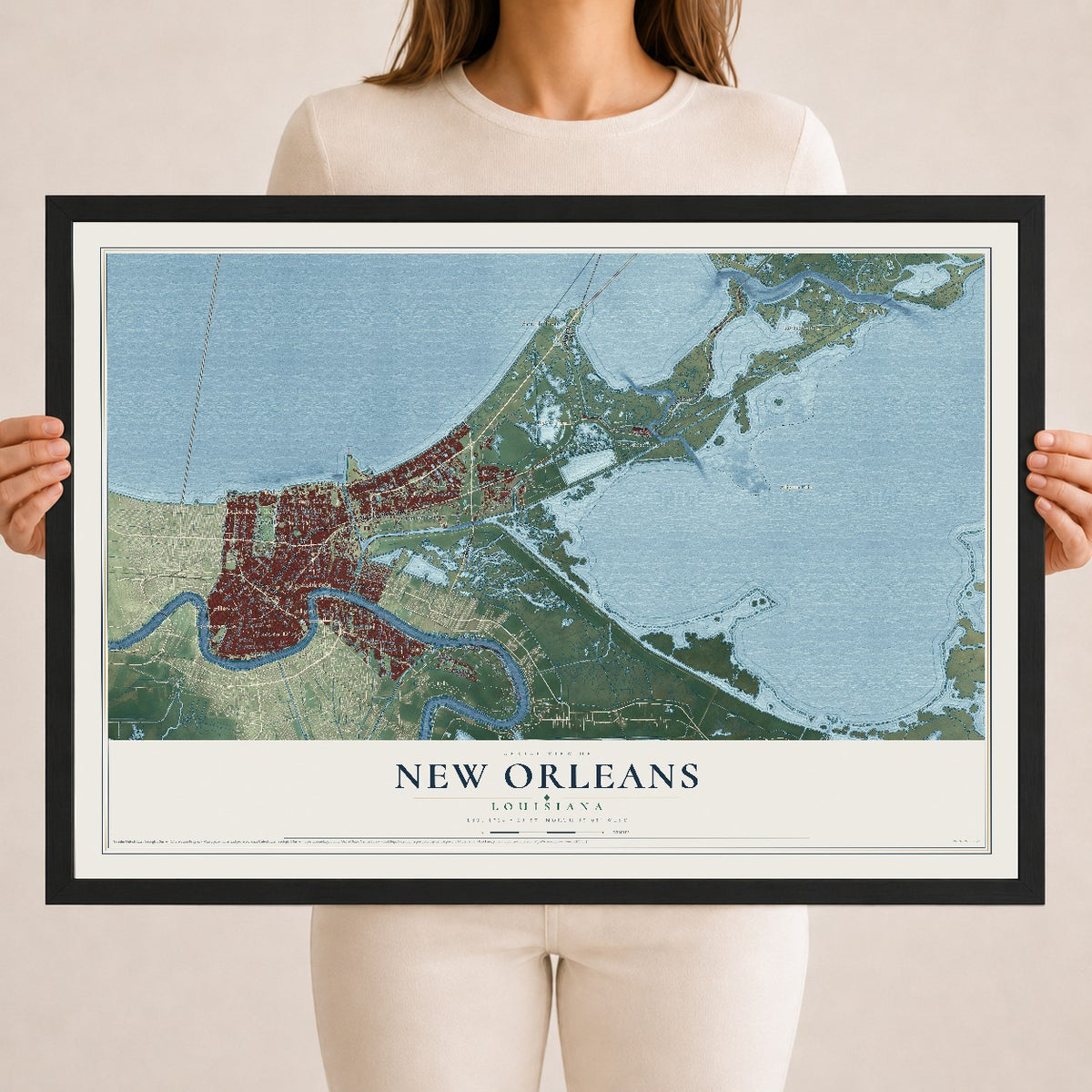 Map of New Orleans, Louisiana, 18 x 24 inch print in a black wood frame