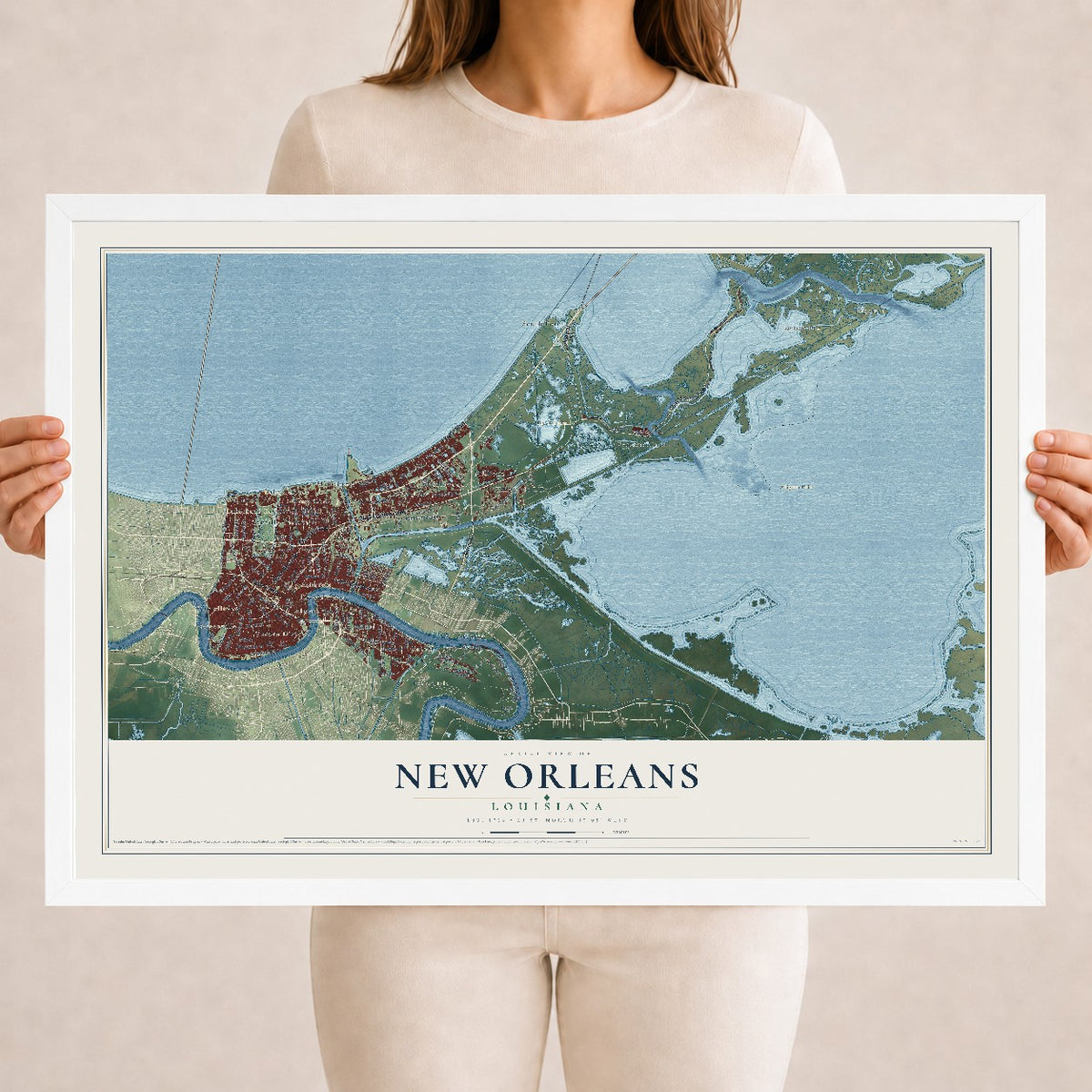 Map of New Orleans, Louisiana, 18 x 24 inch print in a white wood frame