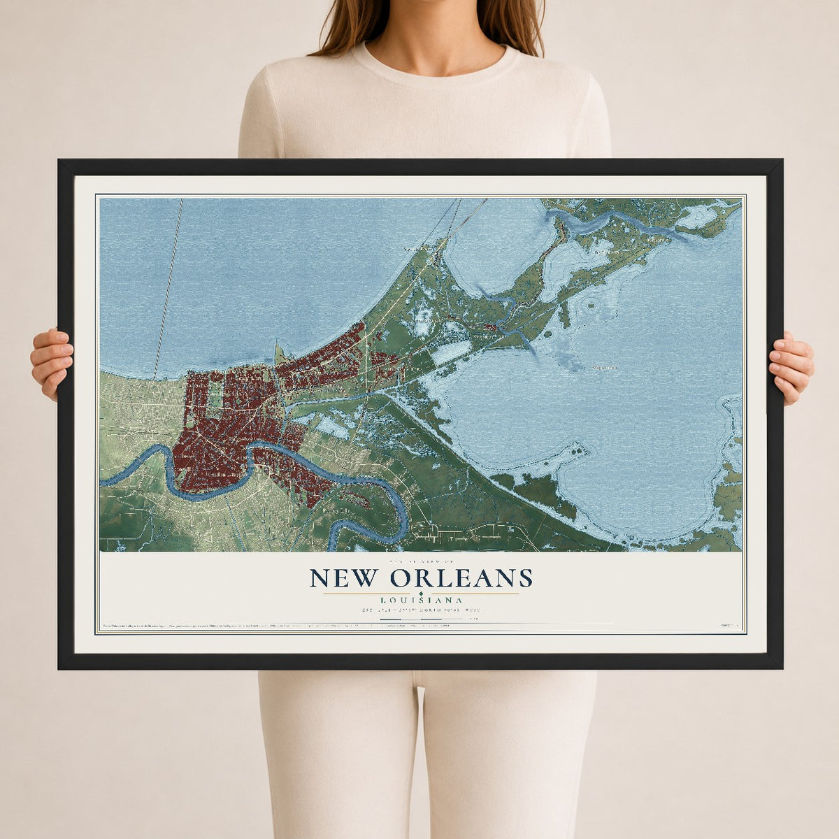 Map of New Orleans, Louisiana, 24 x 36 inch print in a black wood frame