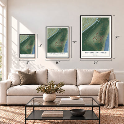 New Orleans Station, Louisiana map in 12 x 18, 18 x 24 and 24 x 36 inch sizes above a sofa