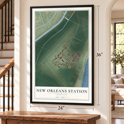 New Orleans Station, Louisiana map, 24 x 36 inch print in a black frame by a staircase
